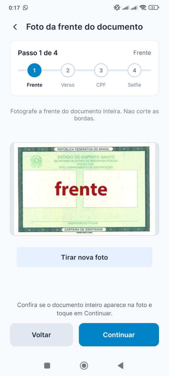 Frente do RG posicionado