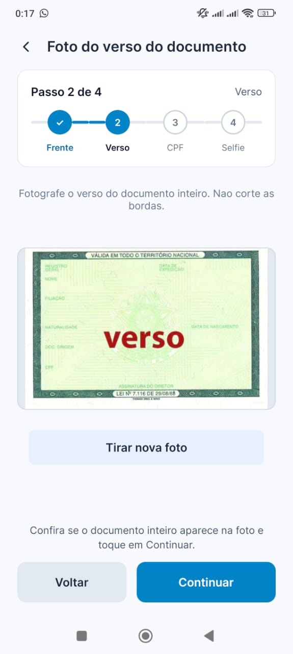Verso do documento posicionado