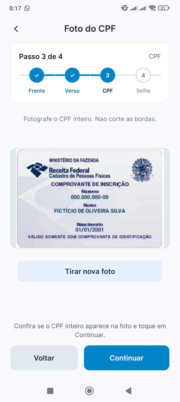 CPF posicionado para foto